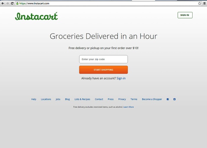 The home page of Instacart, an online shopping site